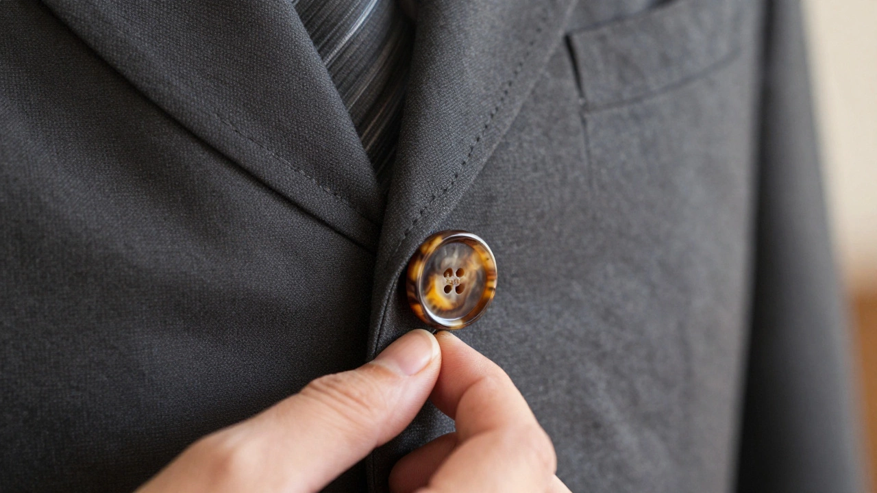 Detailed view of a hand-stitched buttonhole and a natural horn button on a grey suit