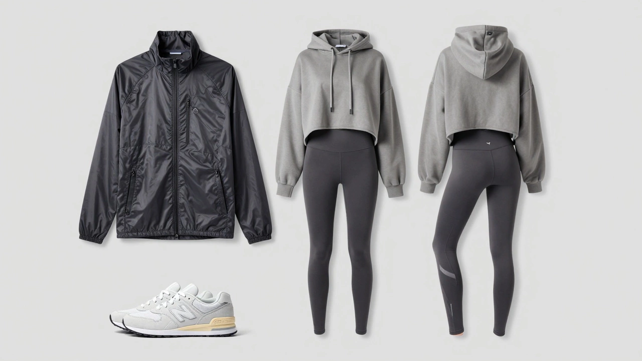 Flat lay of a hybrid outfit combining a technical jacket with stylish loungewear and sneakers.