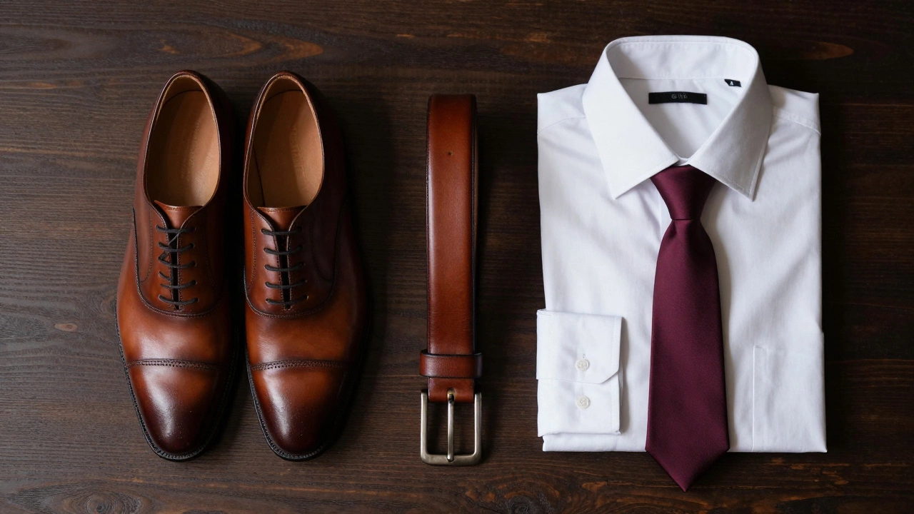 Flat-lay of polished Oxford shoes, leather belt, white shirt, and matte tie