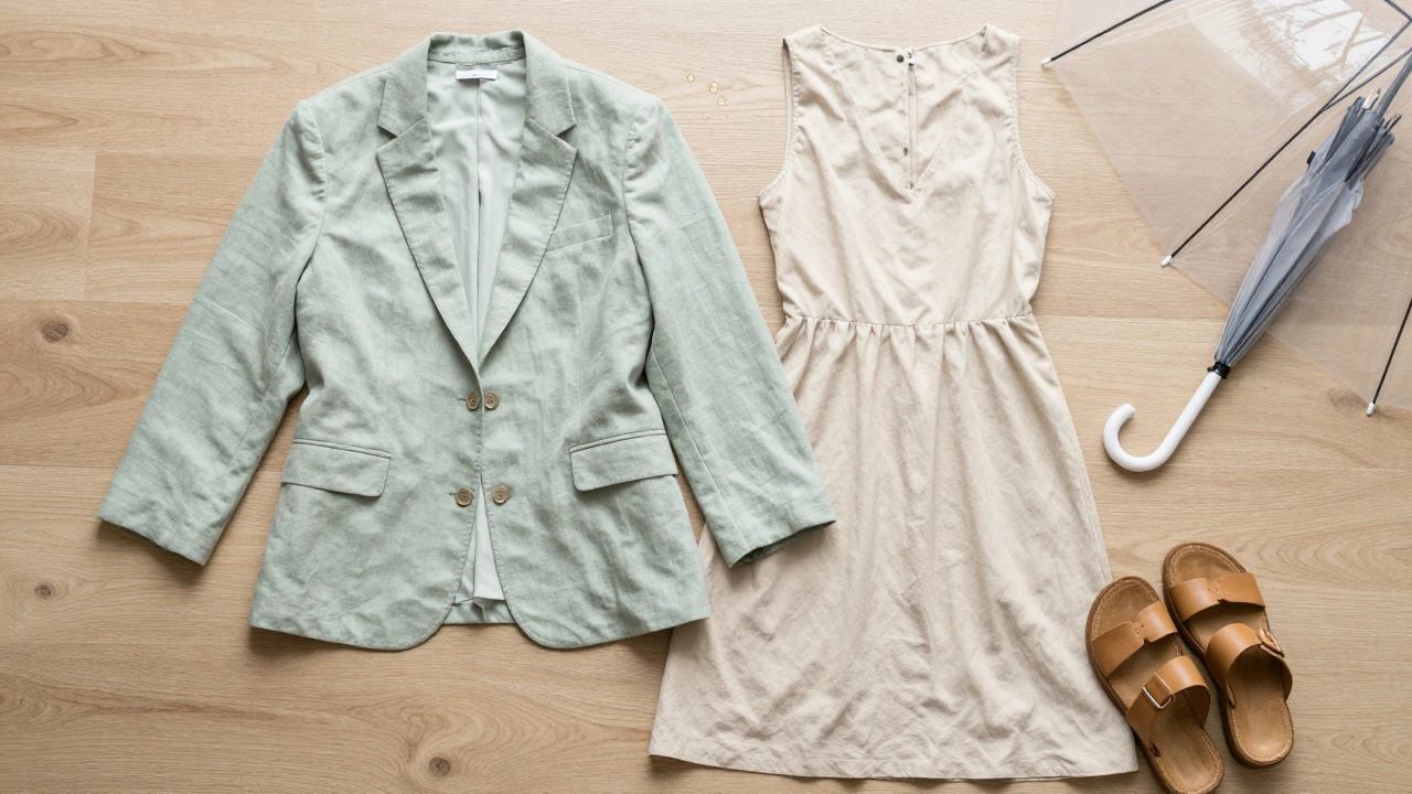 Flat-lay of sage green and oatmeal linen summer clothes with a small umbrella