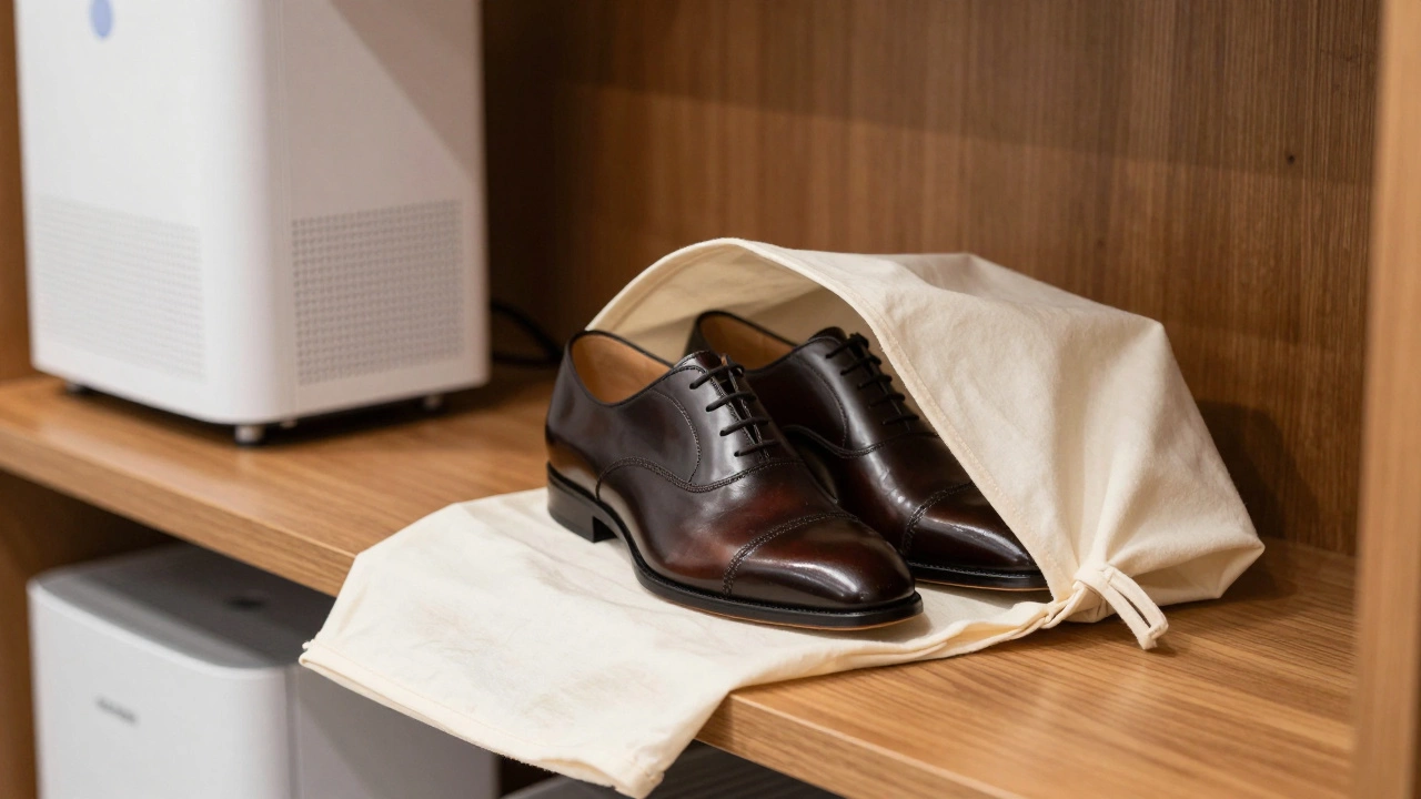 Leather Oxfords stored in a breathable cotton dust bag on a wooden shelf