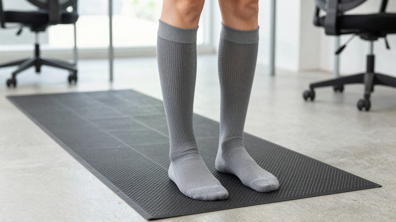 Lower legs wearing compression socks while standing on an anti-fatigue rubber mat.