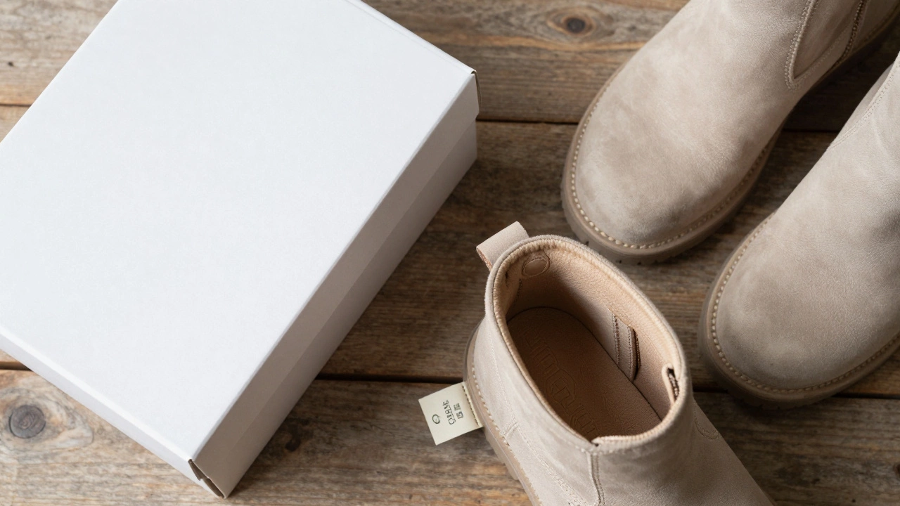 Overhead view of shoebox and boots focusing on inner label details