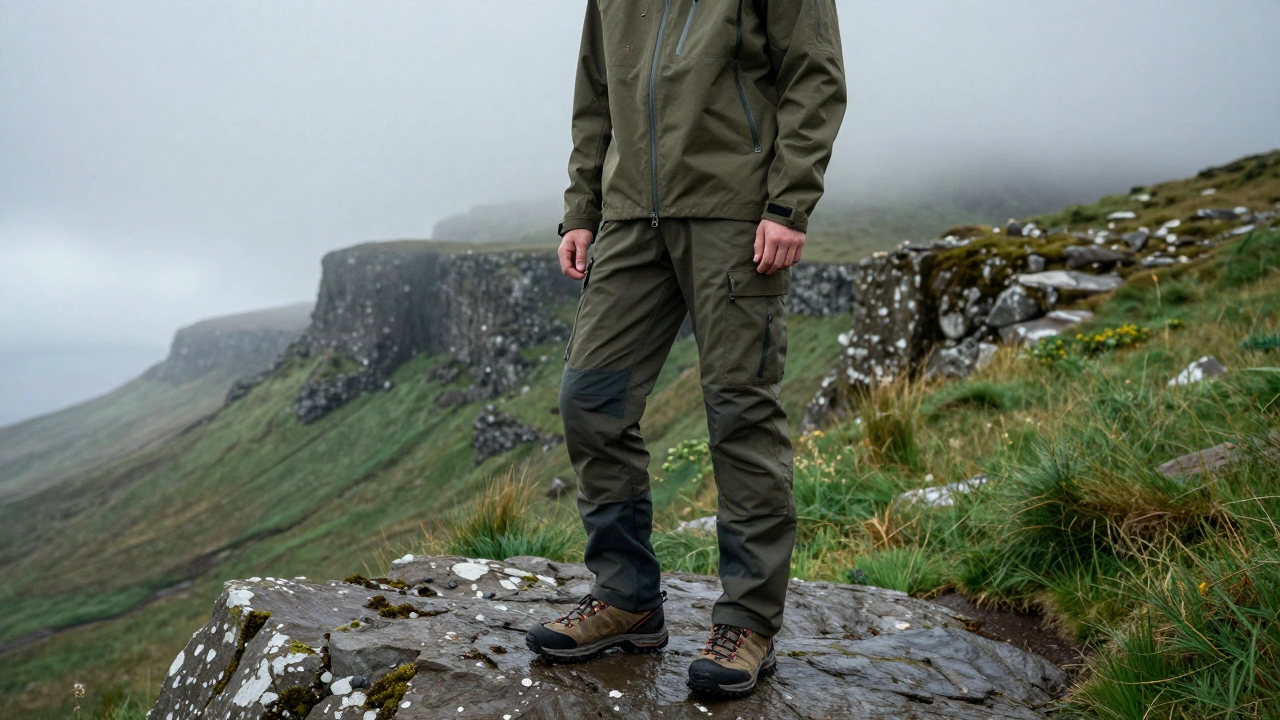 Person in olive green technical outdoor gear standing on a misty cliff in Connemara.
