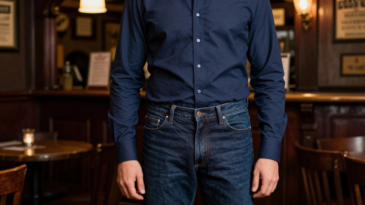 Person wearing a navy shirt with a French tuck in a traditional Irish pub