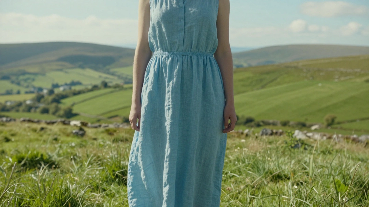 Person wearing a pale sky-blue linen dress in the green Wicklow Mountains