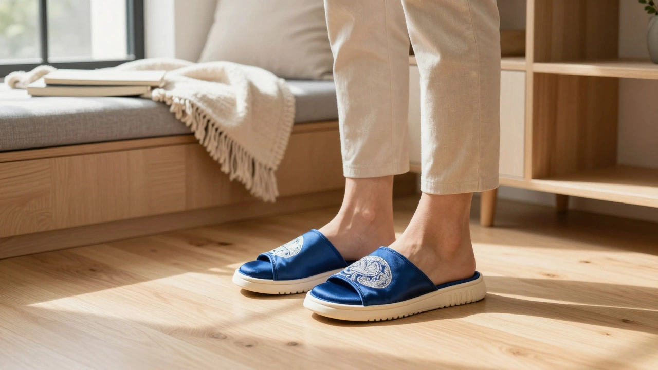 Person wearing hybrid embroidered satin slippers with rubber soles in a modern home