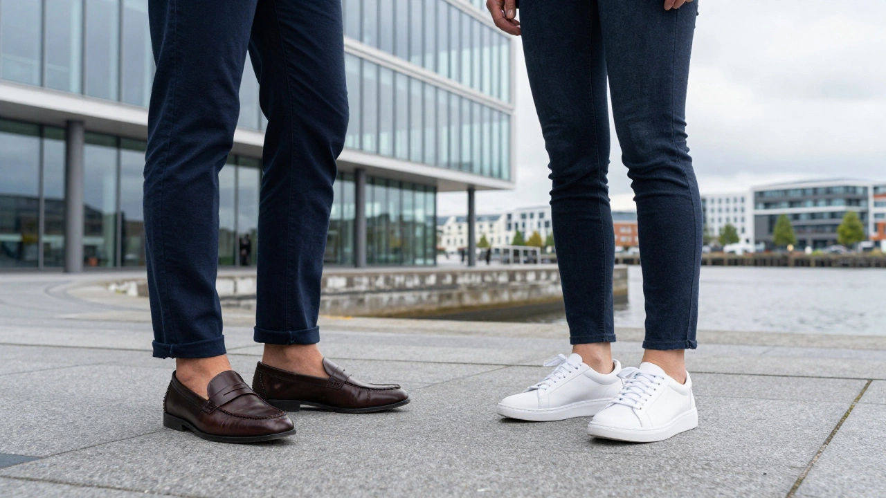 Professionals in business casual footwear standing outside a modern Dublin office building