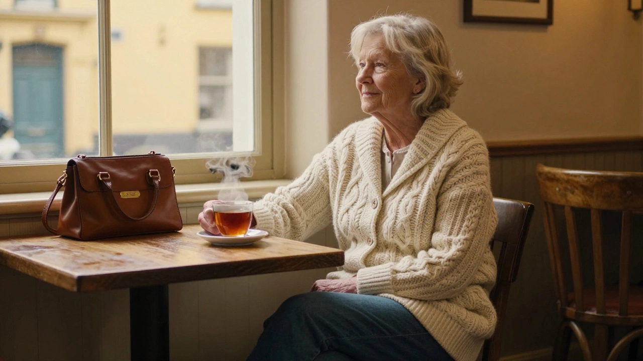 Senior woman wearing a cream Aran cardigan and blue jeans in a cozy Irish cafe