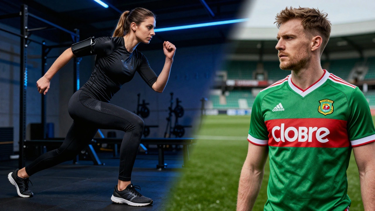 Split image showing a person in gym activewear and another in a GAA sportswear jersey.