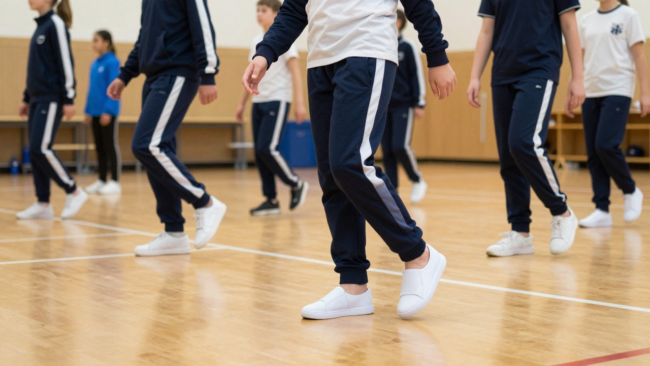 Students in navy blue PE tracksuits and indoor plimsolls in a bright school gymnasium.