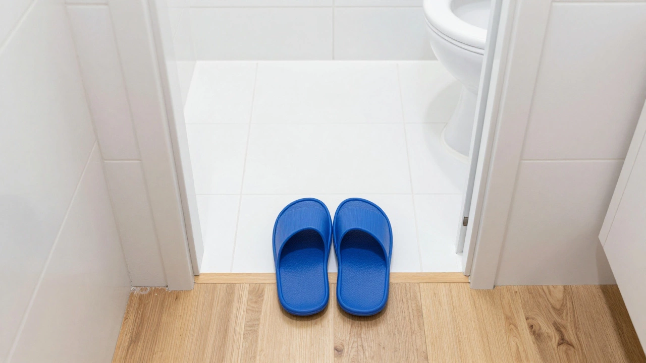 Waterproof blue rubber slippers placed at the entrance of a white tiled bathroom.