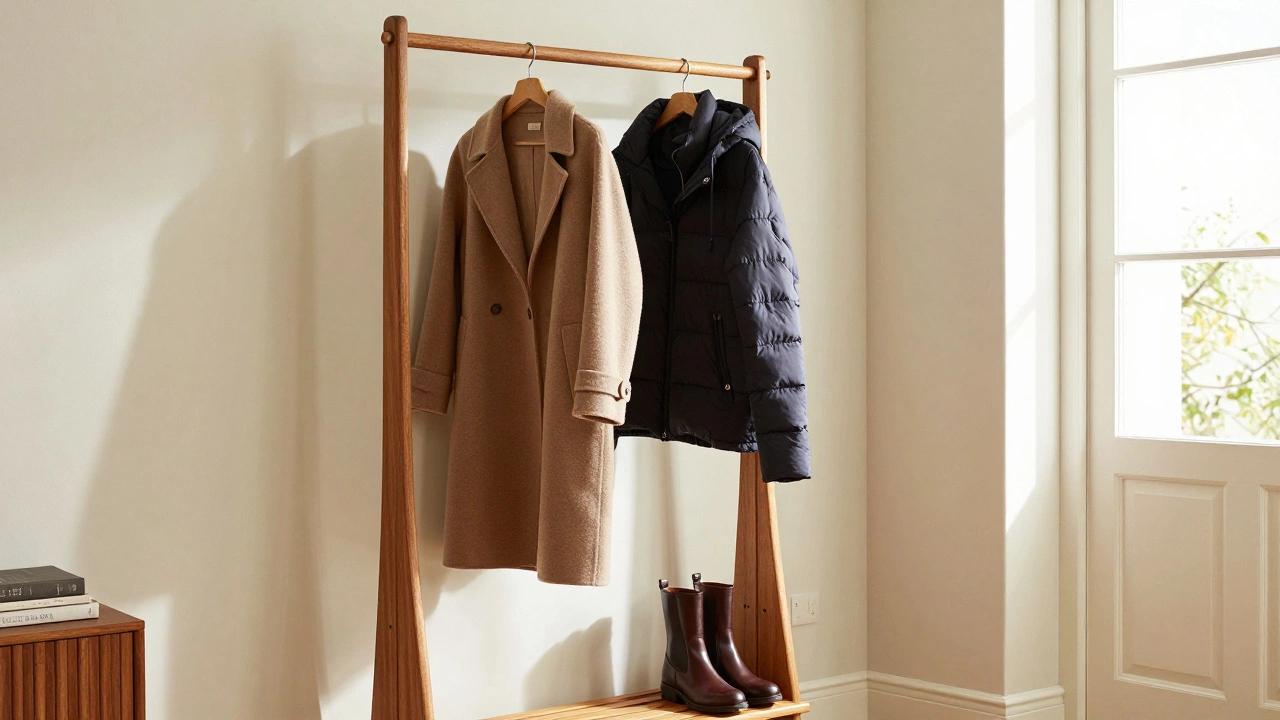Winter coats hanging on a wooden rack in a cozy Irish home entryway