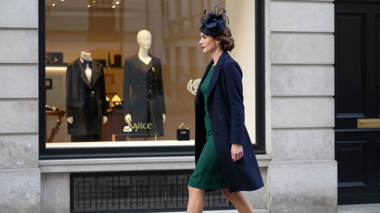 Woman wearing a green cocktail dress and fascinator on a Dublin street