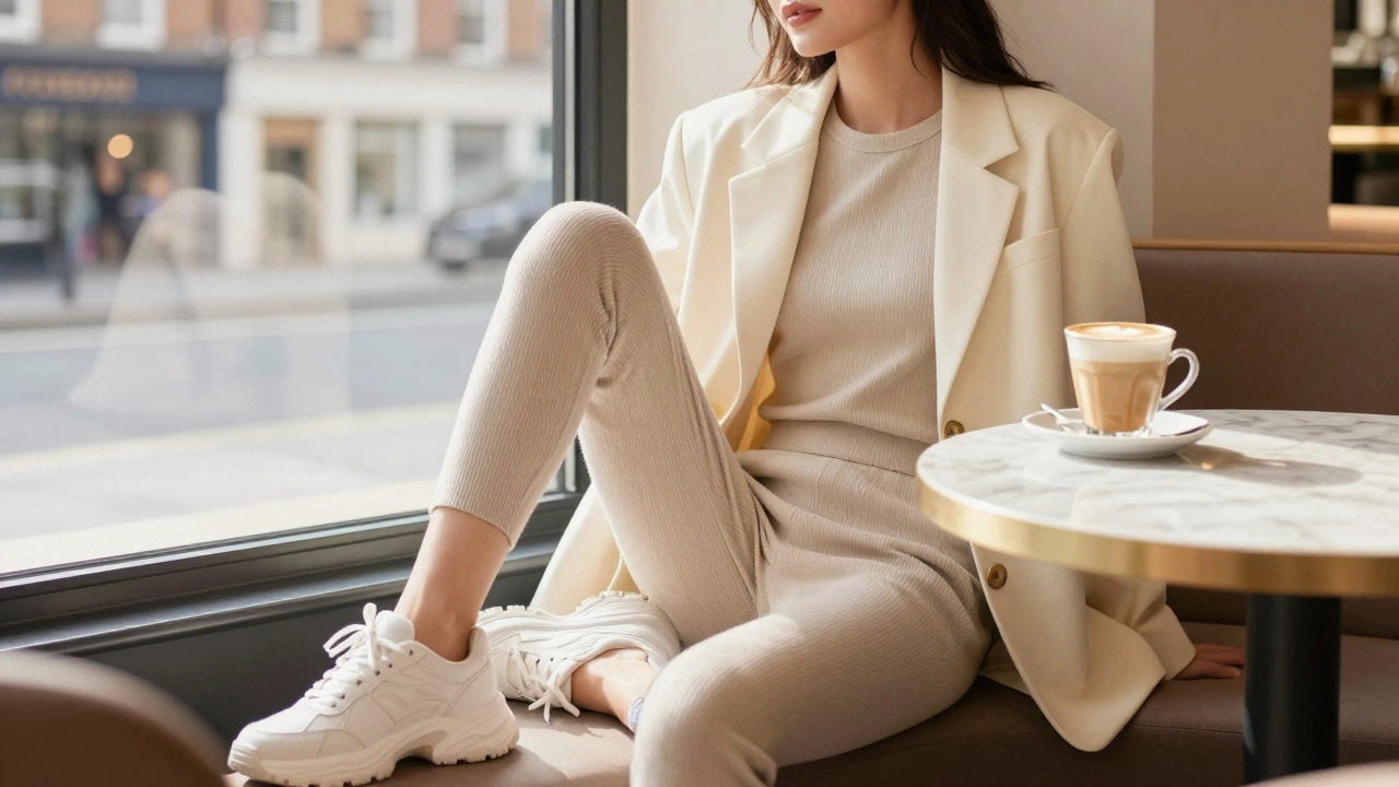 Woman wearing a neutral athleisure set and blazer at a chic Dublin café.
