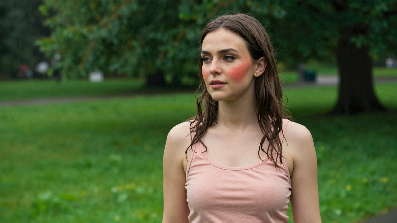 Woman with glowing, waterproof makeup walking through a rainy green park in Ireland