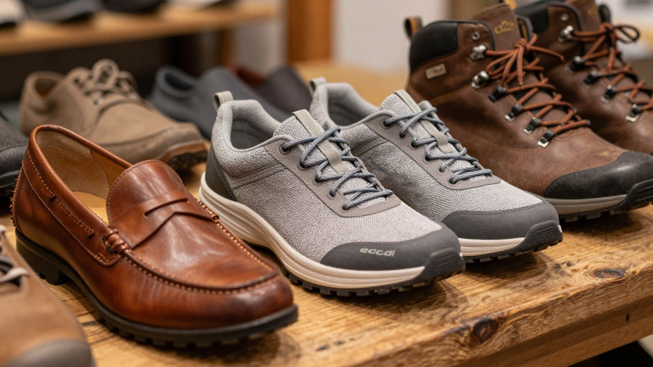 Assortment of comfortable work shoes including loafers and hiking boots on display