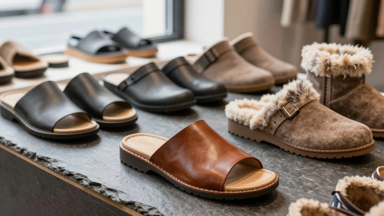 Assortment of premium leather and wool slippers displayed on a slate surface