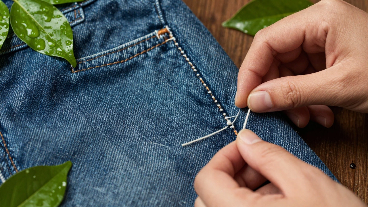 Close-up of repaired organic denim with nature elements