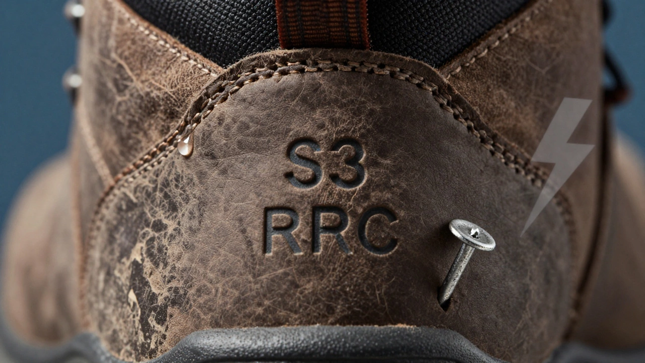 Close-up of S3 SRC safety boot label showing water and puncture resistance features