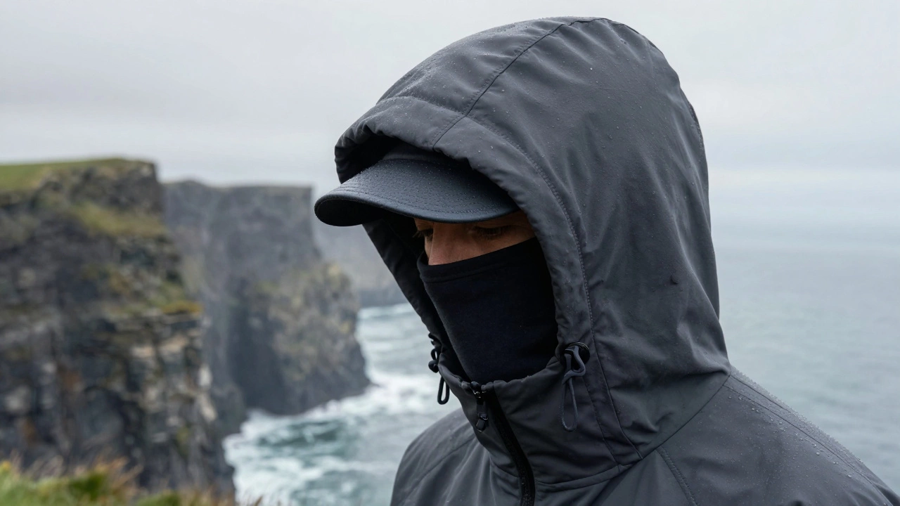 Close-up of thick hoodie hood protecting face from wind and rain