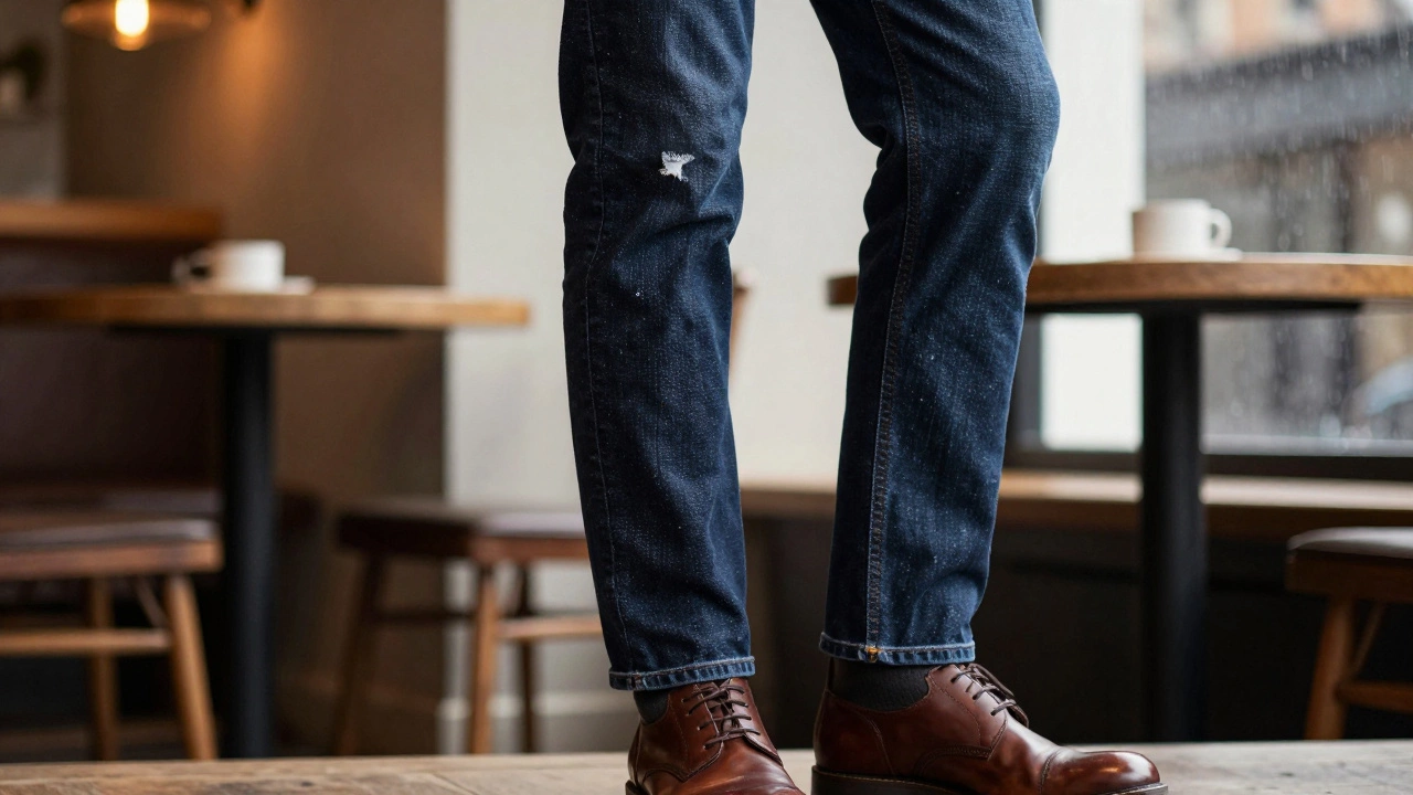 Close-up of well-fitted dark denim jeans and leather boots