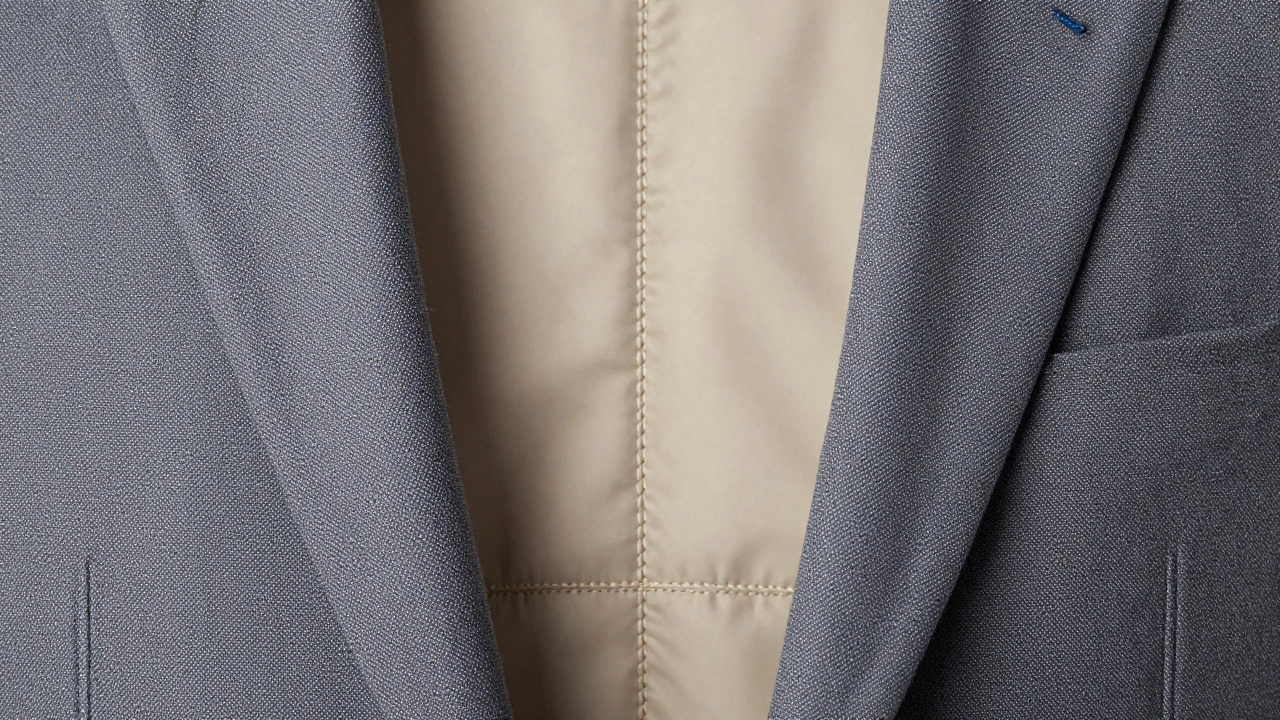 Close-up view of suit jacket interior showing canvas construction details.