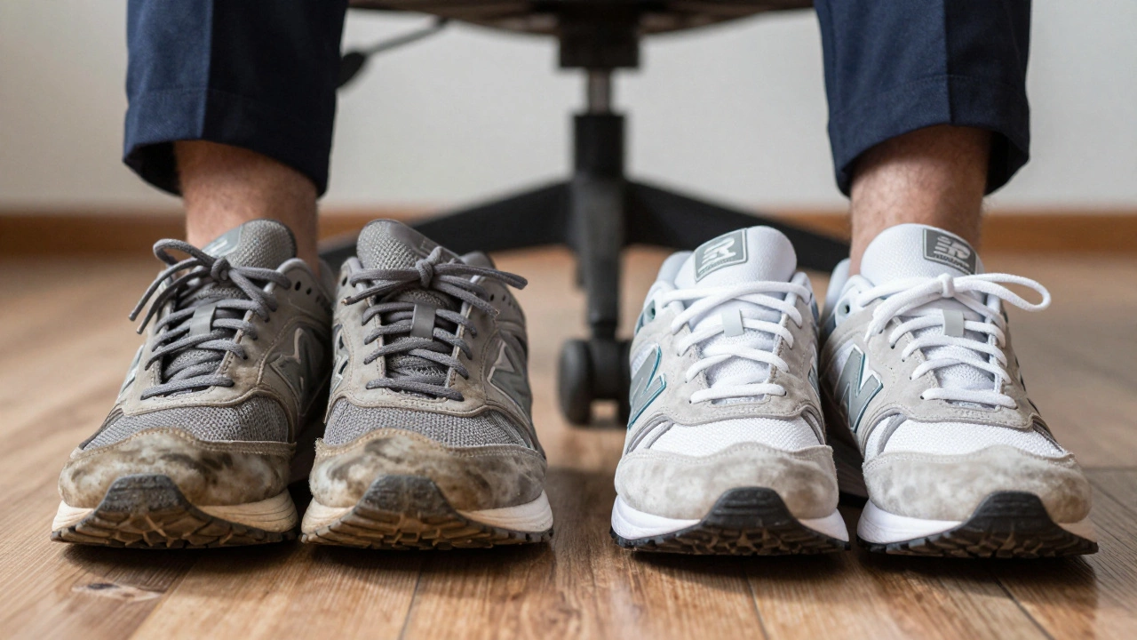 Comparison of dirty running shoes vs clean lifestyle sneakers on floor