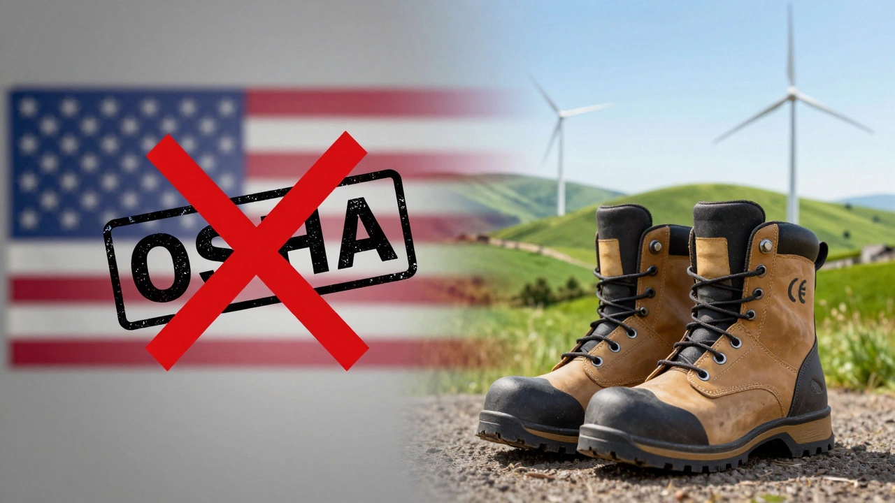 Conceptual image contrasting irrelevant OSHA standards with compliant EU safety boots