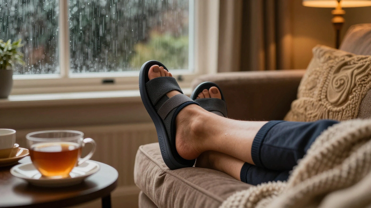 Feet resting in recovery slippers in a cozy rainy room