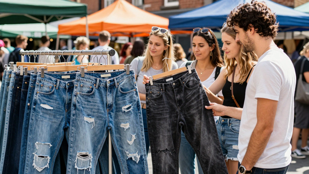 Friends browsing vintage distressed jeans at Dublin market