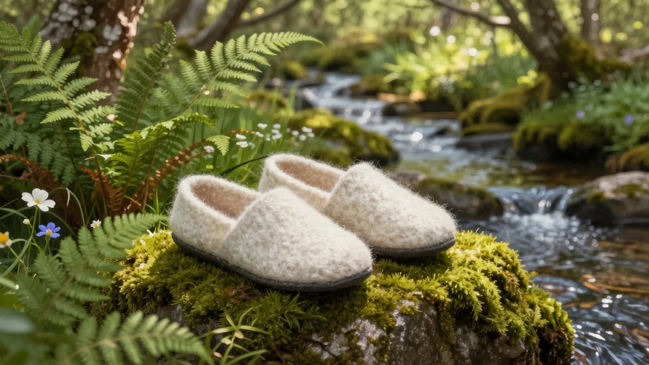 Handmade felted wool slippers resting on moss near a stream in nature
