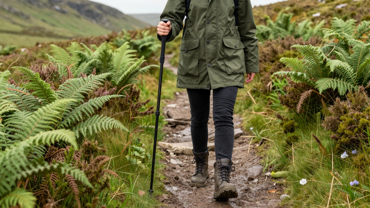 Hiker in olive green parka amidst lush Irish mountains