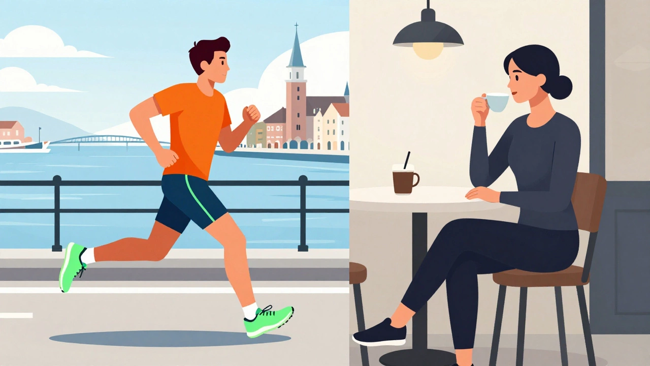 Illustration contrasting a runner on the River Liffey with a person in casual activewear at a cafe.