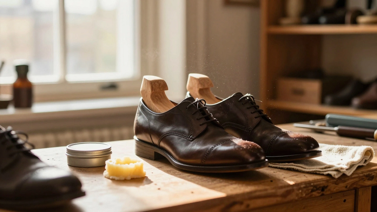 Leather shoes with cedar shoe trees in a cobbler workshop