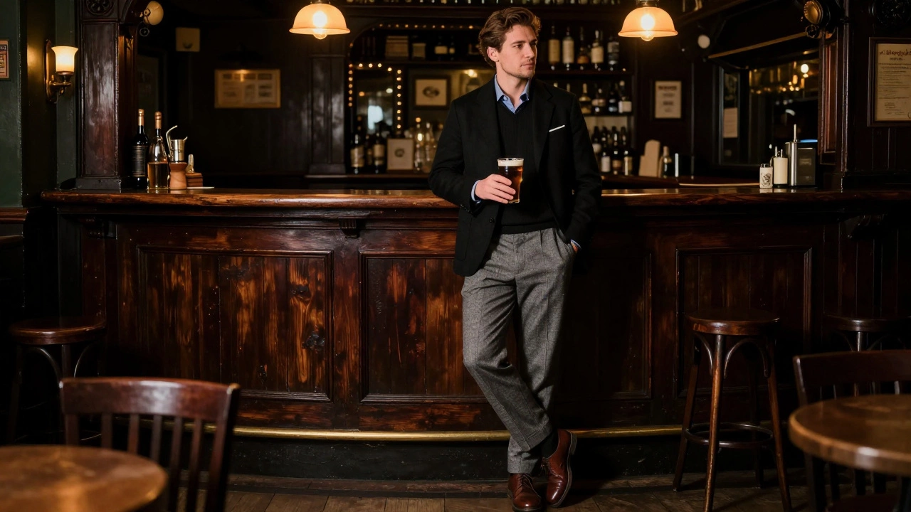 Man in black blazer and brown shoes in Irish pub