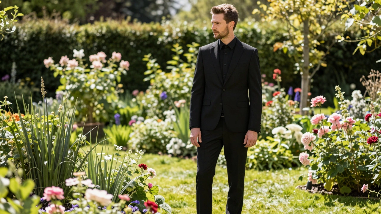 Man in black suit at sunny Irish garden wedding