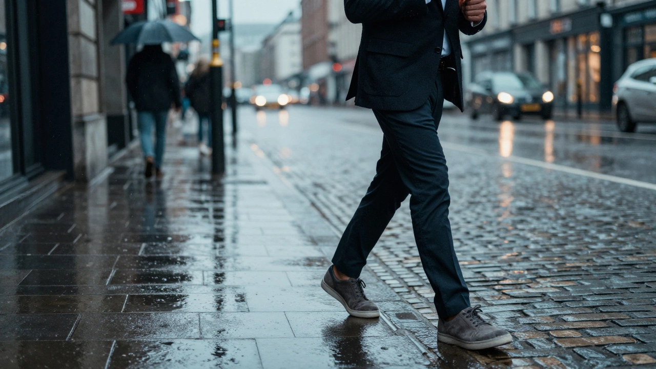 Man in tailored clothes and grey sneakers walking on rainy Dublin street