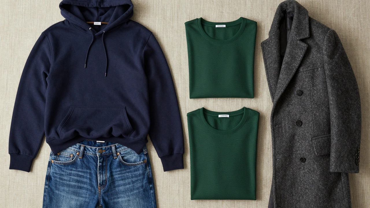 Navy hoodie styled for layering with correct hem length shown
