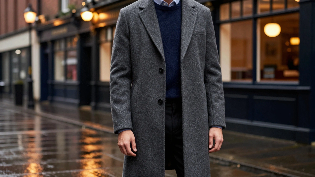 Person in charcoal wool coat on wet Cork city street