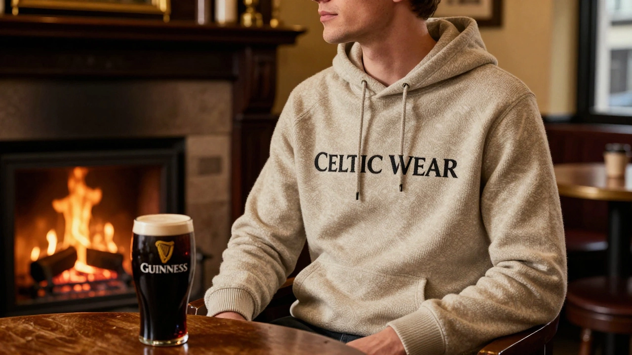 Person in cozy heritage hoodie sitting by pub fireplace