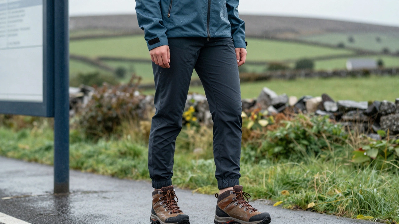 Person in waterproof tech jacket waiting in rainy Irish countryside