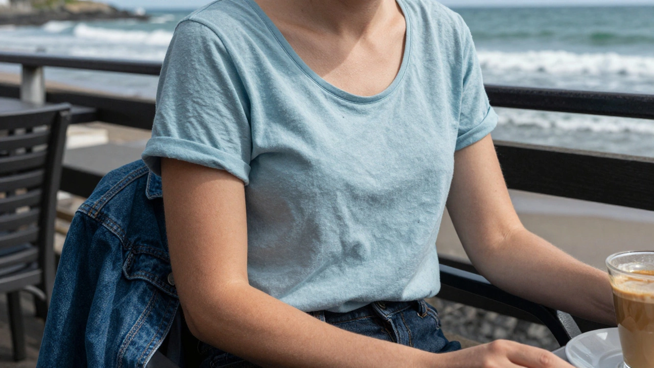 Person layering clothes at seaside cafe in Ireland