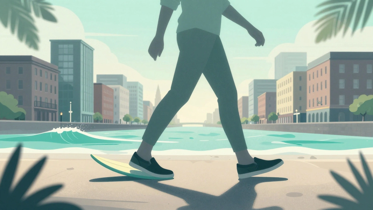 Person walking in Dublin with shadow morphing into a surfer, symbolizing casual comfort.