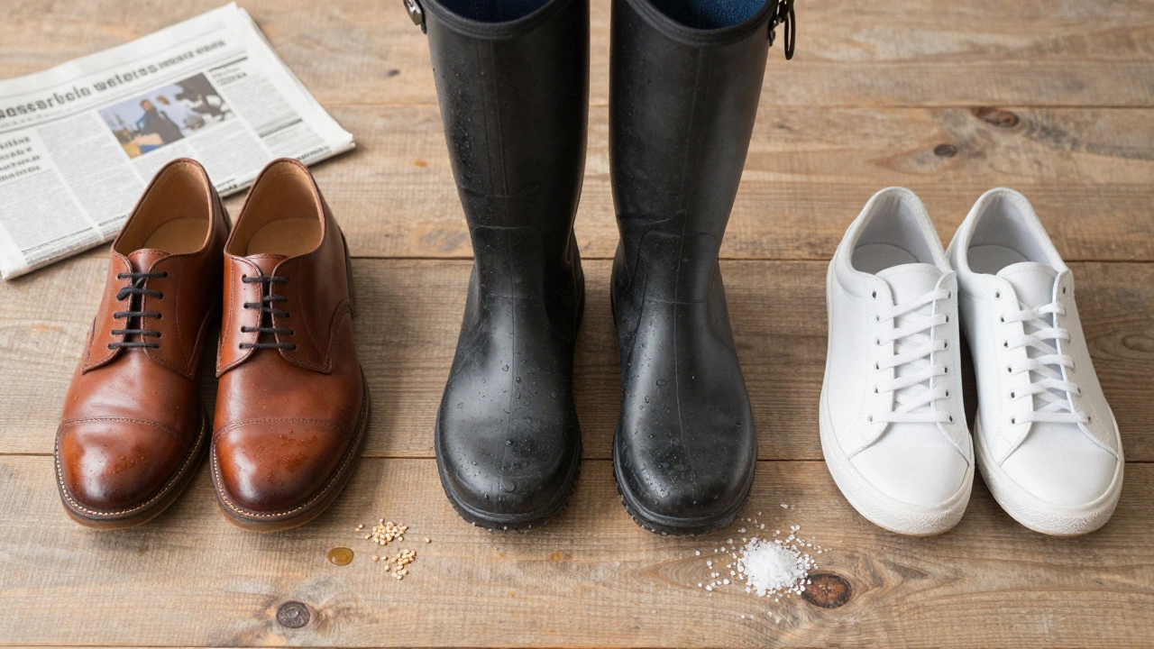 Rotation of leather shoes, rain boots, and sneakers
