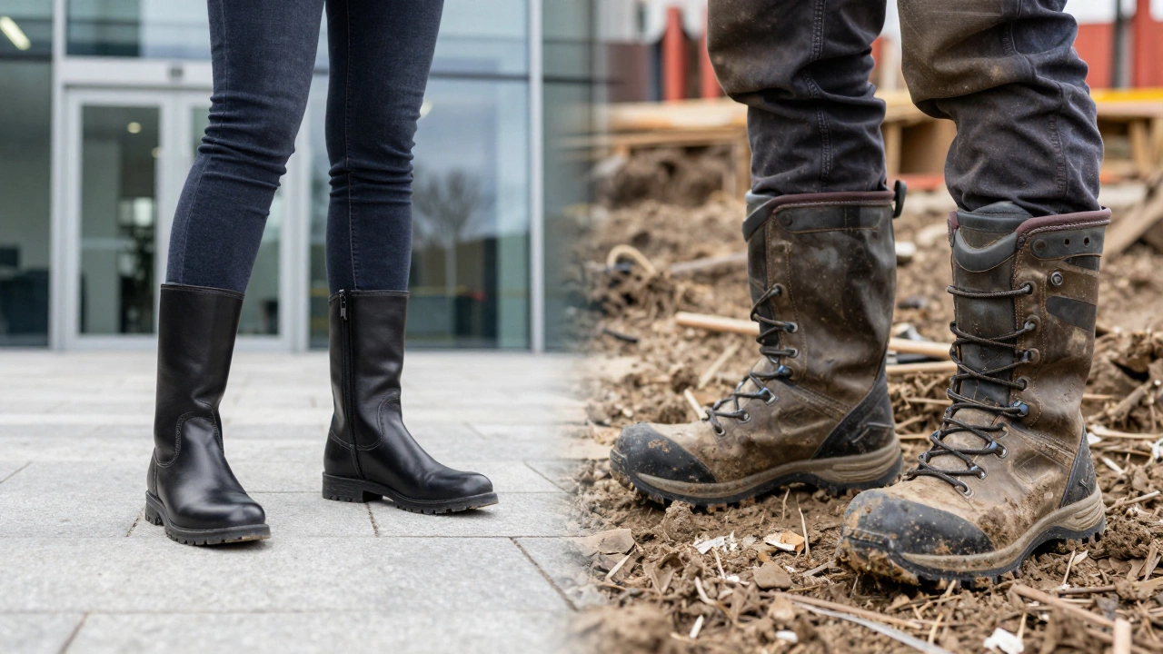 Split view comparing office wear and rugged trade footwear for Irish conditions