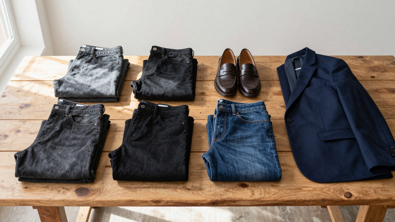 Stylish flat-lay of dark jeans, sweater, and jacket