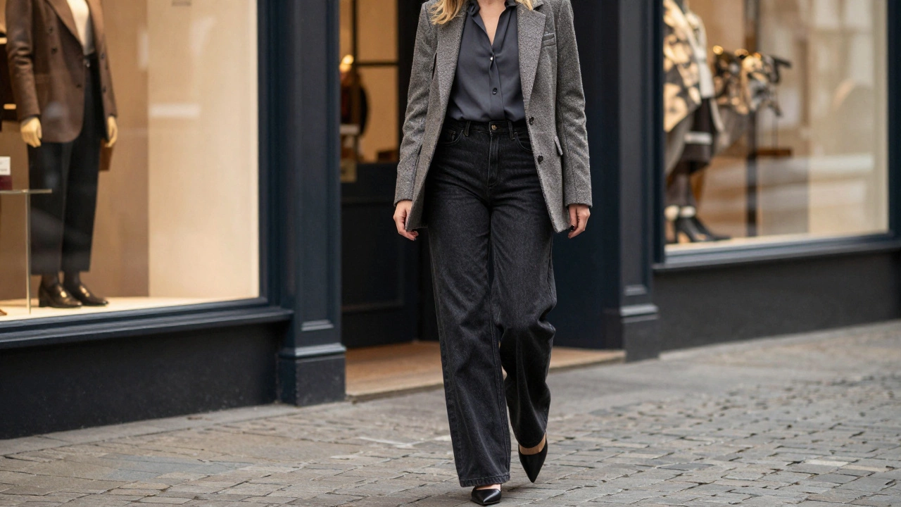 Stylish woman wearing wide-leg jeans and blazer in Irish city