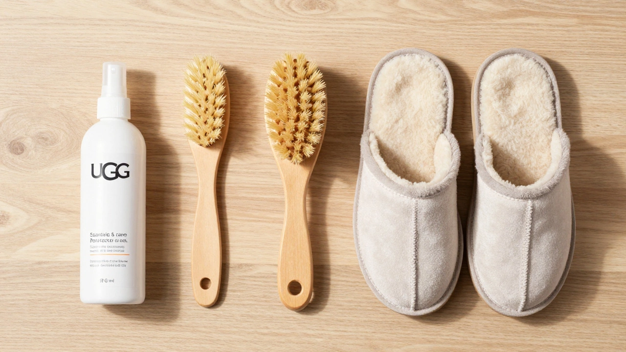 Suede protector spray and brush next to UGG slippers