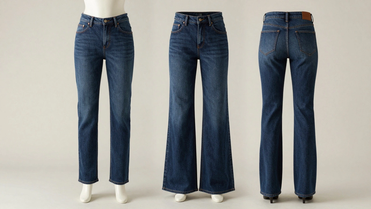 Three styles of dark wash jeans displayed: straight, wide, and bootcut